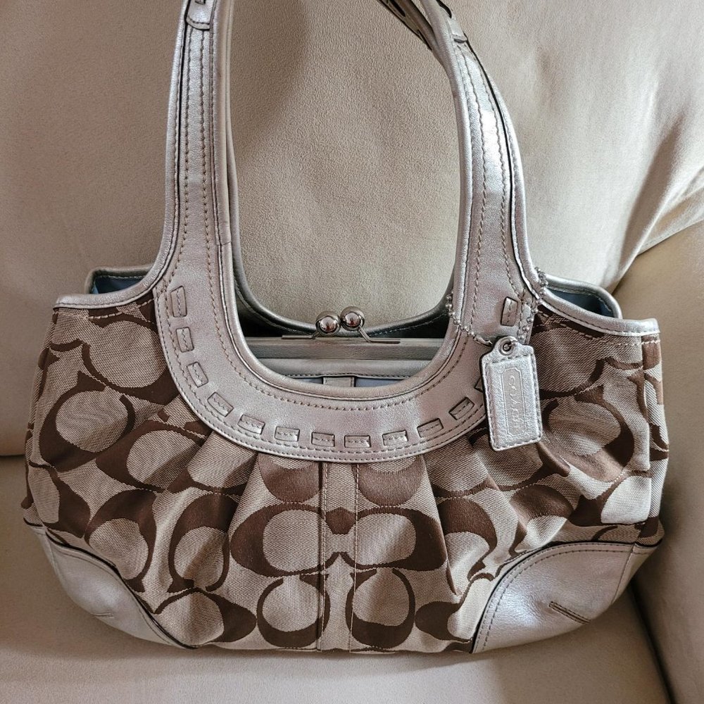 Coach Signature Khaki / Brown / Gold Metallic Curved Satchel